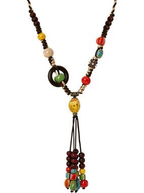 Boho Vintage Ceramic Floral Beaded Long Necklace, Personality Jewelry for Women